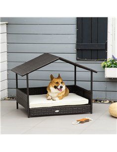 PawHut Wicker Dog House, Rattan Pet Bed, with Removable Cushion, Canopy, for Small and Medium Dogs - Cream 2