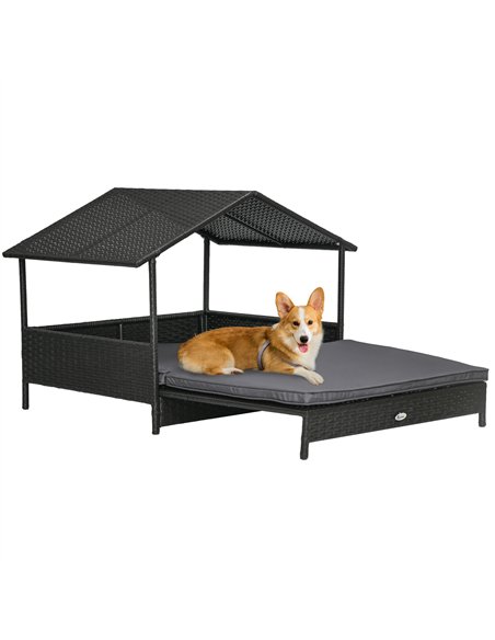 PawHut Extendable Elevated Dog Bed, Rattan Dog House w/ Water-Resistant Roof, Removable Cushion - Grey - pic 144317 | FastDaddyshop