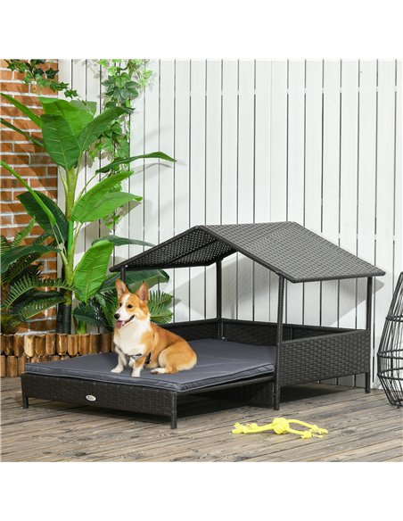 PawHut Extendable Elevated Dog Bed, Rattan Dog House w/ Water-Resistant Roof, Removable Cushion - Grey - pic 144318 | FastDaddyshop