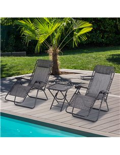 Outsunny 3pcs Folding Sun Lounger Table Set with Cup Holders, Light Grey 2