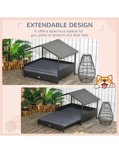 PawHut Extendable Elevated Dog Bed, Rattan Dog House w/ Water-Resistant Roof, Removable Cushion - Grey - pic 144320 | FastDaddyshop