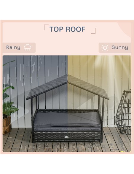 PawHut Extendable Elevated Dog Bed, Rattan Dog House w/ Water-Resistant Roof, Removable Cushion - Grey - pic 144322 | FastDaddyshop