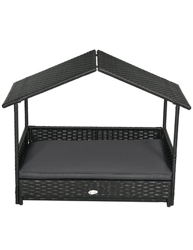 PawHut Extendable Elevated Dog Bed, Rattan Dog House w/ Water-Resistant Roof, Removable Cushion - Grey