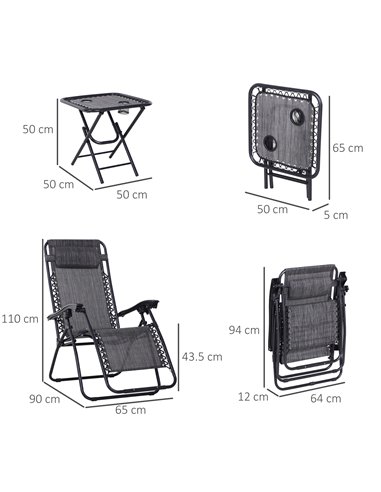 Outsunny 3pcs Folding Zero Gravity Chairs Sun Lounger Table Set w/ Cup Holders Reclining Garden Yard Pool, Light Grey