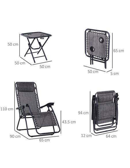 Outsunny 3pcs Folding Zero Gravity Chairs Sun Lounger Table Set w/ Cup Holders Reclining Garden Yard Pool, Light Grey - pic 14433 | FastDaddyshop