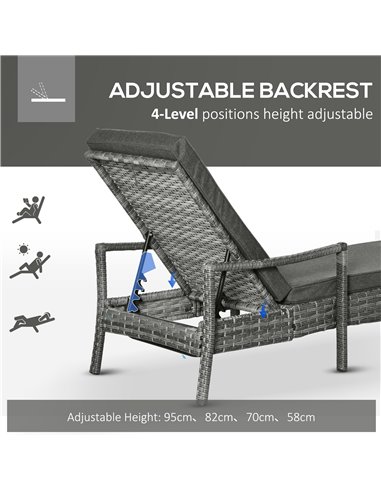 Outsunny Single Sun Lounger with 4-Level Adjustable Headrest, Mixed Grey