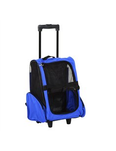 PawHut Pet Travel Backpack Bag Cat Puppy Dog Carrier w/ Trolley and Telescopic Handle Portable Stroller Wheel Luggage Bag (Blue)