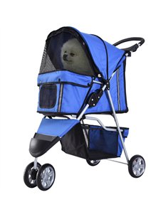 PawHut Dog Stroller, 3 Wheels Foldable Cat Dog Pram with Cup Holder, Storage Basket, Pet Stroller for Small Miniature Dogs, Blue