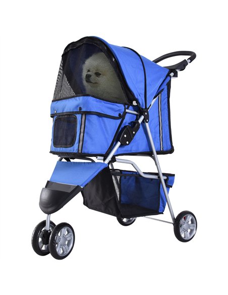 PawHut Dog Stroller, 3 Wheels Foldable Cat Dog Pram with Cup Holder, Storage Basket, Pet Stroller for Small Miniature Dogs, Blue - pic 144461 | FastDaddyshop