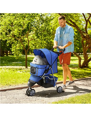 PawHut Dog Stroller, 3 Wheels Foldable Cat Dog Pram with Cup Holder, Storage Basket, Pet Stroller for Small Miniature Dogs, Blue