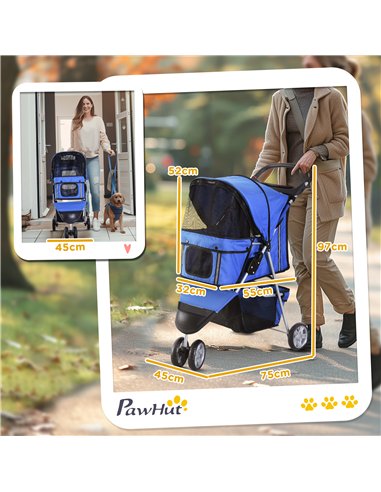 PawHut Dog Stroller, 3 Wheels Foldable Cat Dog Pram with Cup Holder, Storage Basket, Pet Stroller for Small Miniature Dogs, Blue