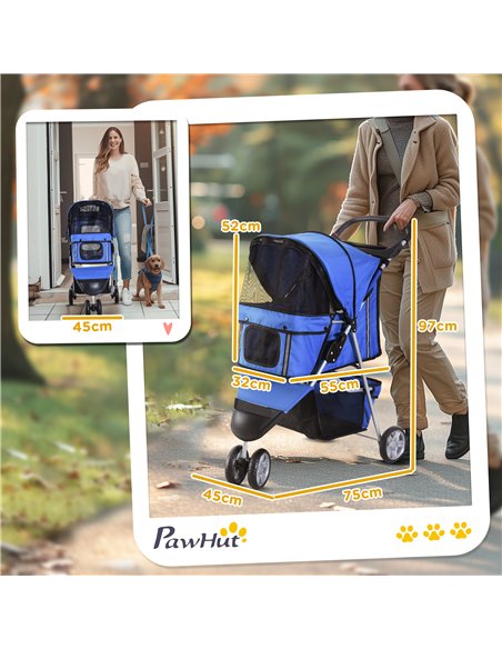 PawHut Dog Stroller, 3 Wheels Foldable Cat Dog Pram with Cup Holder, Storage Basket, Pet Stroller for Small Miniature Dogs, Blue - pic 144463 | FastDaddyshop
