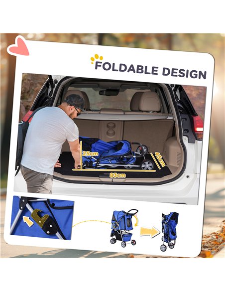 PawHut Dog Stroller, 3 Wheels Foldable Cat Dog Pram with Cup Holder, Storage Basket, Pet Stroller for Small Miniature Dogs, Blue - pic 144465 | FastDaddyshop
