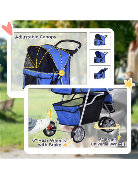 PawHut Dog Stroller, 3 Wheels Foldable Cat Dog Pram with Cup Holder, Storage Basket, Pet Stroller for Small Miniature Dogs, Blue - pic 144466 | FastDaddyshop