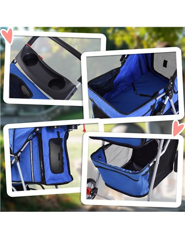 PawHut Dog Stroller, 3 Wheels Foldable Cat Dog Pram with Cup Holder, Storage Basket, Pet Stroller for Small Miniature Dogs, Blue