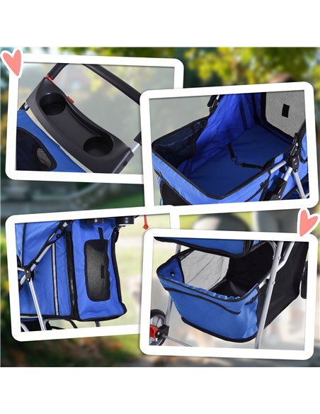 PawHut Dog Stroller, 3 Wheels Foldable Cat Dog Pram with Cup Holder, Storage Basket, Pet Stroller for Small Miniature Dogs, Blue - pic 144468 | FastDaddyshop