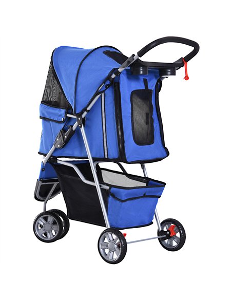 PawHut Dog Stroller, 3 Wheels Foldable Cat Dog Pram with Cup Holder, Storage Basket, Pet Stroller for Small Miniature Dogs, Blue - pic 144469 | FastDaddyshop
