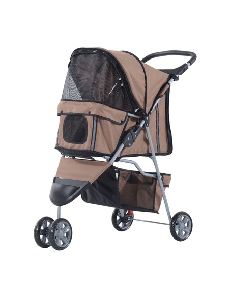 PawHut Dog Stroller, 3 Wheels Foldable Cat Dog Pram with Cup Holder, Storage Basket, Pet Stroller for Small Miniature Dogs, Brow - pic 144470 | FastDaddyshop