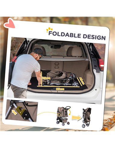 PawHut Dog Stroller, 3 Wheels Foldable Cat Dog Pram with Cup Holder, Storage Basket, Pet Stroller for Small Miniature Dogs, Brow