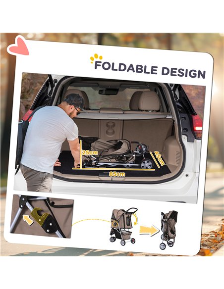 PawHut Dog Stroller, 3 Wheels Foldable Cat Dog Pram with Cup Holder, Storage Basket, Pet Stroller for Small Miniature Dogs, Brow - pic 144474 | FastDaddyshop