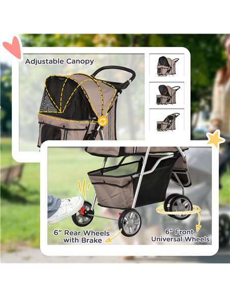 PawHut Dog Stroller, 3 Wheels Foldable Cat Dog Pram with Cup Holder, Storage Basket, Pet Stroller for Small Miniature Dogs, Brow - pic 144475 | FastDaddyshop