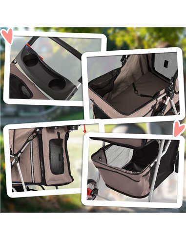 PawHut Dog Stroller, 3 Wheels Foldable Cat Dog Pram with Cup Holder, Storage Basket, Pet Stroller for Small Miniature Dogs, Brow