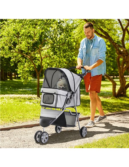 PawHut Dog Stroller, 3 Wheels Foldable Cat Dog Pram with Cup Holder, Storage Basket, Pet Stroller for Small Miniature Dogs, Grey - pic 144480 | FastDaddyshop
