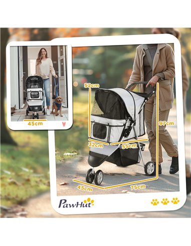 PawHut Dog Stroller, 3 Wheels Foldable Cat Dog Pram with Cup Holder, Storage Basket, Pet Stroller for Small Miniature Dogs, Grey