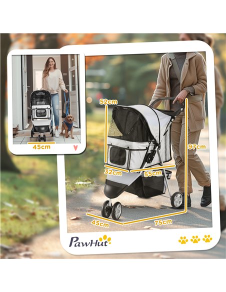 PawHut Dog Stroller, 3 Wheels Foldable Cat Dog Pram with Cup Holder, Storage Basket, Pet Stroller for Small Miniature Dogs, Grey - pic 144481 | FastDaddyshop