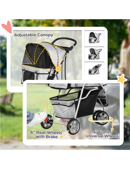 PawHut Dog Stroller, 3 Wheels Foldable Cat Dog Pram with Cup Holder, Storage Basket, Pet Stroller for Small Miniature Dogs, Grey - pic 144484 | FastDaddyshop