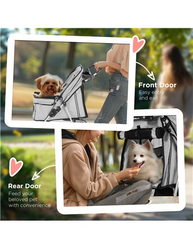 PawHut Dog Stroller, 3 Wheels Foldable Cat Dog Pram with Cup Holder, Storage Basket, Pet Stroller for Small Miniature Dogs, Grey