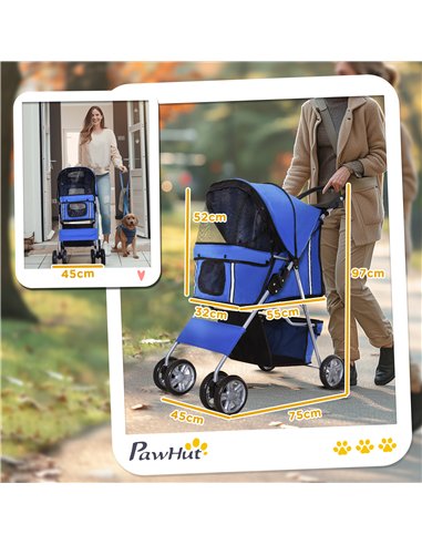 PawHut Pet Stroller for Small Miniature Dogs Cats Foldable Travel Carriage with Wheels Zipper Entry Cup Holder Storage Basket Bl