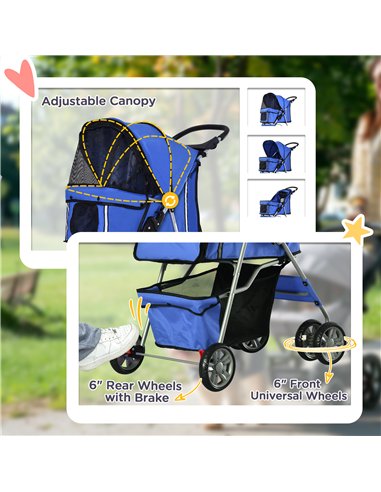 PawHut Pet Stroller for Small Miniature Dogs Cats Foldable Travel Carriage with Wheels Zipper Entry Cup Holder Storage Basket Bl