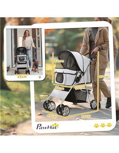 PawHut Pet Stroller for Small Miniature Dogs Cats Foldable Travel Carriage with Wheels Zipper Entry Cup Holder Storage Basket Gr