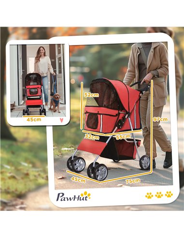 PawHut Pet Stroller for Small Miniature Dogs Cats Foldable Travel Carriage with Wheels Zipper Entry Cup Holder Storage Basket Re