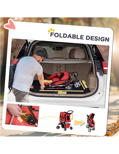 PawHut Pet Stroller for Small Miniature Dogs Cats Foldable Travel Carriage with Wheels Zipper Entry Cup Holder Storage Basket Re