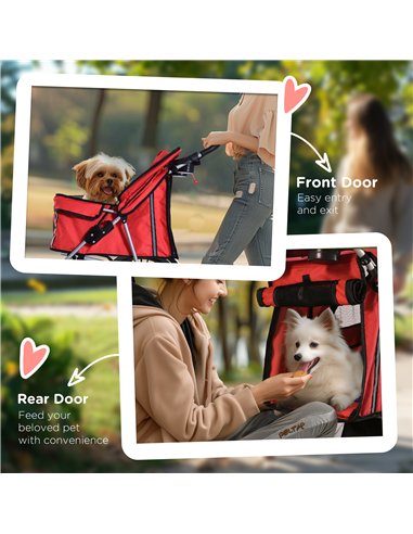 PawHut Pet Stroller for Small Miniature Dogs Cats Foldable Travel Carriage with Wheels Zipper Entry Cup Holder Storage Basket Re