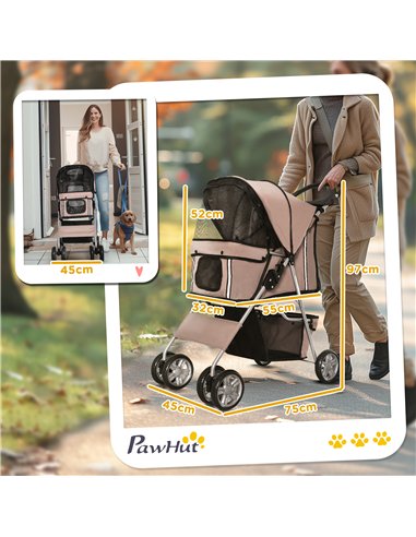 PawHut Pet Stroller for Small Miniature Dogs Cats Foldable Travel Carriage with Wheels Zipper Entry Cup Holder Storage Basket Br