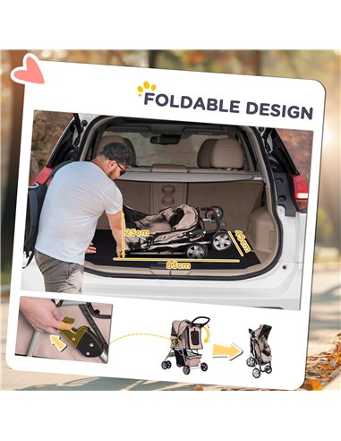 PawHut Pet Stroller for Small Miniature Dogs Cats Foldable Travel Carriage with Wheels Zipper Entry Cup Holder Storage Basket Br