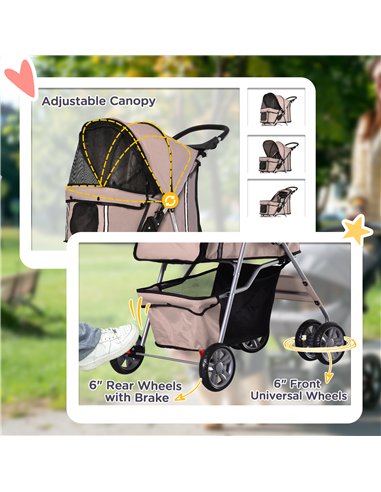 PawHut Pet Stroller for Small Miniature Dogs Cats Foldable Travel Carriage with Wheels Zipper Entry Cup Holder Storage Basket Br