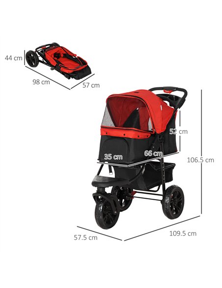 PawHut Dog Pram Dog Stroller Pet Stroller, 3 Wheels Dog Pushchair with Brake, for Small Miniature Dogs, Cats, Red - pic 144607 | FastDaddyshop