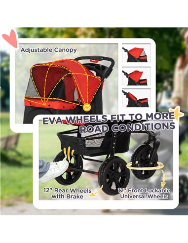 PawHut Dog Pram Dog Stroller Pet Stroller, 3 Wheels Dog Pushchair with Brake, for Small Miniature Dogs, Cats, Red