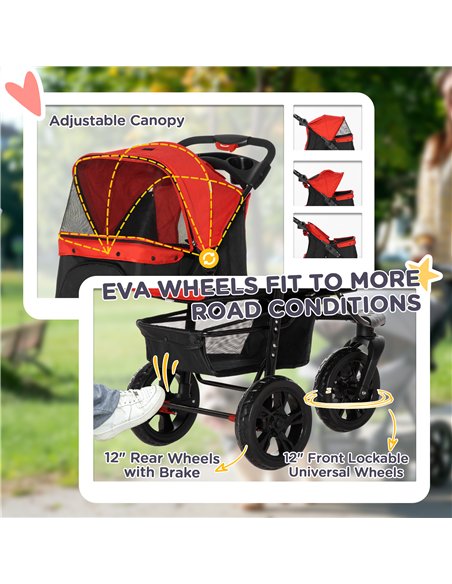 PawHut Dog Pram Dog Stroller Pet Stroller, 3 Wheels Dog Pushchair with Brake, for Small Miniature Dogs, Cats, Red - pic 144611 | FastDaddyshop