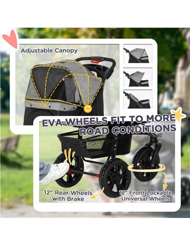 PawHut Dog Pram Dog Stroller Pet Stroller, 3 Wheels Dog Pushchair with Brake, for Small Miniature Dogs, Cats, Red