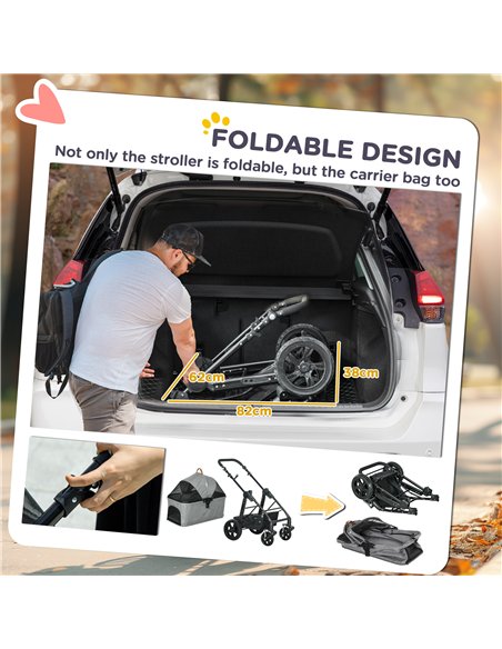 PawHut Dog Pram Pet Stroller for Small Dogs Cats, Foldable Dog Pushchair Trolley with Detachable Pet Carrier Bag, Shock Absorber - pic 144628 | FastDaddyshop