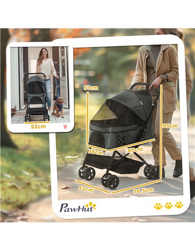 PawHut Pet Stroller Pushchair Foldable Travel Dog Cat Carriage w/ Reversible Handle Brake Basket