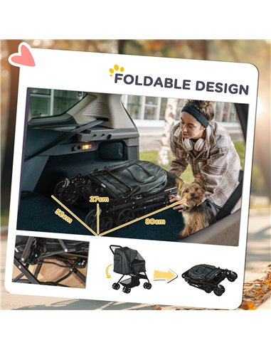 PawHut Pet Stroller Pushchair Foldable Travel Dog Cat Carriage w/ Reversible Handle Brake Basket