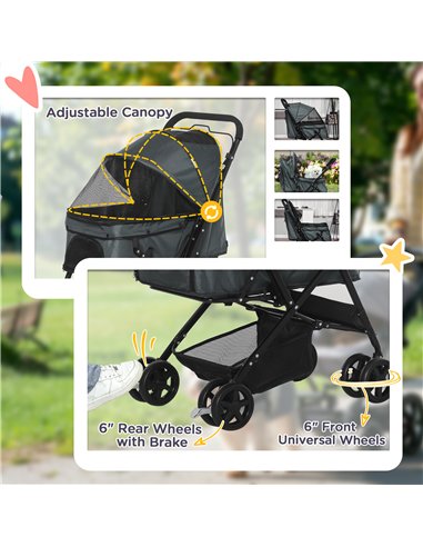 PawHut Pet Stroller Pushchair Foldable Travel Dog Cat Carriage w/ Reversible Handle Brake Basket