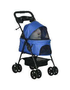 PawHut Dog Pram Dog Stroller Foldable Pet Pushchair with 4 Wheels, Safety Leashes, Cup Holder for Small Dogs, Blue