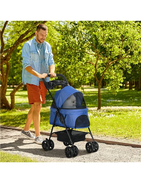 PawHut Dog Pram Dog Stroller Foldable Pet Pushchair with 4 Wheels, Safety Leashes, Cup Holder for Small Dogs, Blue - pic 144642 | FastDaddyshop